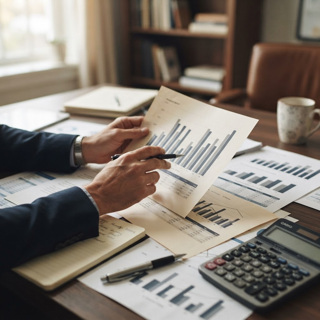 Person reviewing charts and printed reports at a desk